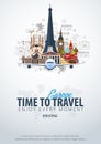 Travel to Europe. Time to Travel. Banner with airplane and hand-draw doodles on the background. Vector Illustration.