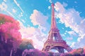 Travel to France Concept. Travel Poster with Eiffel Tower extreme closeup. Generative AI