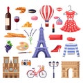 Travel to France design elements. Paris tourist landmarks, fashion and food illustration. Vector cartoon isolated icons