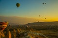 Travel to Goreme, Cappadocia, Turkey. Hot air balloons landing in a mountain Cappadocia Goreme National Park Turkey