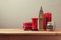 Travel to Great Britain concept with souvenirs and money box jar. Planning summer vacation