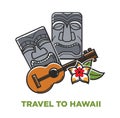 Travel To Hawaii Poster With Stone Statues And Acoustic Guitar