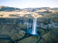 Travel to iceland seljalandsfoss waterfall of seljalands river drone picture Royalty Free Stock Photo