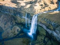 Travel to iceland seljalandsfoss waterfall of seljalands river drone picture Royalty Free Stock Photo