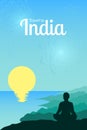 Travel to India and Asia. Vector illustration of a meditating woman and mountain ranges, sun and sea. Tourist on top of a hill in