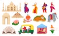 Travel to India, indian landmark tourism set of vector illustrations. Taj mahal building architecture and culture