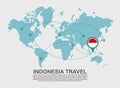 Travel to Indonesia poster with world map and flying plane route business background tourism destination concept