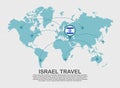 Travel to Israel poster with world map and flying plane route business background tourism destination concept