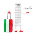 Travel to Italy Concept. White Cartoon Leaning Pisa Tower Person with Suitcase as Italy Flag and White Jet Passenger`s Airplane.