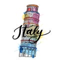 Travel to Italy poster, greeting card, print. Vector sketch watercolor illustration of Italian Leaning Tower of Pisa