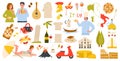 Travel to Italy set, isolated Italian symbols, landmarks and food cartoon collection