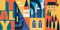 Travel to Italy vector banner, illustration. City skyline, historical buildings Royalty Free Stock Photo