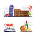 Travel to Italy vector flat illustration. Rome, Pisa, Venice city symbols, landmarks and food. Italian design elements