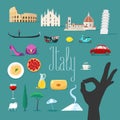 Travel to Italy vector icons set. Italian landmarks, cathedral, gondola