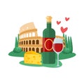 Travel to Italy, italian antique architecture landmark colosseum, bottle of wine, cheese