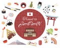 Travel to Japan banner vector illustration. Japanese style objects, accessories, places of interest. Traditional symbols