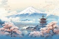 Travel to Japan Concept. Travel Poster with Japan Mount Fuji extreme closeup. Generative AI