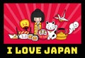 Travel to Japan. Cute cartoon concept for print, poster, postcard. Kawaii kokeshi doll, maneki-neko, origami, sushi