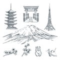 Travel to Japan hand drawn design elements. Vector sketch illustration. Tokyo famous symbols on white background Royalty Free Stock Photo