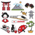Travel to Japan touristic map with traditional attributes