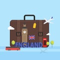 Travel to London, Great Britain concept with landmark icons inside suitcase.