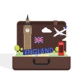 Travel to London, Great Britain concept with landmark icons inside suitcase.