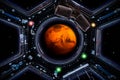 Travel to mars. Planet Mars 3d render seen through spaceship windows