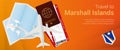Travel to Marshall Islands pop-under banner. Trip banner with passport, tickets, airplane, boarding pass, map and flag of Marshall