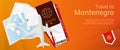 Travel to Montenegro pop-under banner. Trip banner with passport, tickets, airplane, boarding pass, map and flag of Montenegro Royalty Free Stock Photo