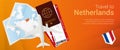 Travel to Netherlands pop-under banner. Trip banner with passport, tickets, airplane, boarding pass, map and flag of Netherlands Royalty Free Stock Photo