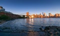 Travel to New York. The skyline of Manhattan photographed during a summer sunrise, view to Brooklyn Bridge. Royalty Free Stock Photo