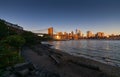 Travel to New York. The skyline of Manhattan photographed during a summer sunrise, view to Brooklyn Bridge. Royalty Free Stock Photo