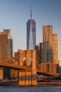 Travel to New York. The skyline of Manhattan photographed during a summer sunrise, view to Brooklyn Bridge. Royalty Free Stock Photo