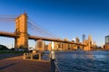 Travel to New York. The skyline of Manhattan photographed during a summer sunrise, view to Brooklyn Bridge. Royalty Free Stock Photo