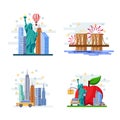 Travel to New York vector flat illustration. City symbols, landmarks and famous places. USA icons and design elements