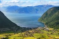 Travel to Norway: panoramic view on small town and fjord Royalty Free Stock Photo