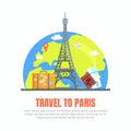 Travel to Paris Banner Template with Famous Landmarks and Space for Text Vector Illustration