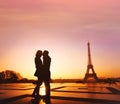 Paris romantic travel, silhouette of romantic couple kissing near Eiffel tower, France Royalty Free Stock Photo
