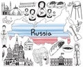 Travel to Russia doodle drawing icon with culture, costume, land