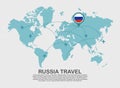 Travel to Russia poster with world map and flying plane route business background tourism destination concept