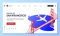 San Francisco, USA vector 3d isometric illustration. Plane flies over Golden Gate Bridge. Selling flight tickets concept Royalty Free Stock Photo