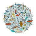 Travel to Sochi, Russian City on Black Sea. Tourism Concept. Circle Art frame for your design