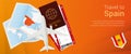 Travel to Spain pop-under banner. Trip banner with passport, tickets, airplane, boarding pass, map and flag of Spain Royalty Free Stock Photo
