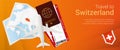 Travel to Switzerland pop-under banner. Trip banner with passport, tickets, airplane, boarding pass, map and flag of Switzerland