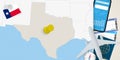 Travel to Texas concept, map with pin on map of Texas. Vacation preparation map, flag, passport and tickets