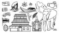 Travel to Thailand doodle set icons. Hand drawing sketch of objects. Sail boat, elephant, and ancient pagoda destination.