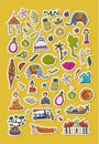 Travel to Thailand. Sticker pack with Siam elements, map, people and landmarks, thai food etc. Vector illustration