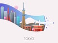 Travel to Tokyo. Traveling on airplane, planning a summer vacation, tourism and journey objects and passenger luggage. Flat design Royalty Free Stock Photo