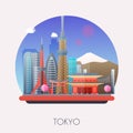 Travel to Tokyo. Traveling on airplane, planning a summer vacation, tourism and journey objects and passenger luggage. Flat design Royalty Free Stock Photo