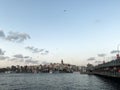 Travel to Turkey. Beautiful view of the Bosphorus Strait at sunset. Panormama overlooking the Galata bridge and Galata tower and